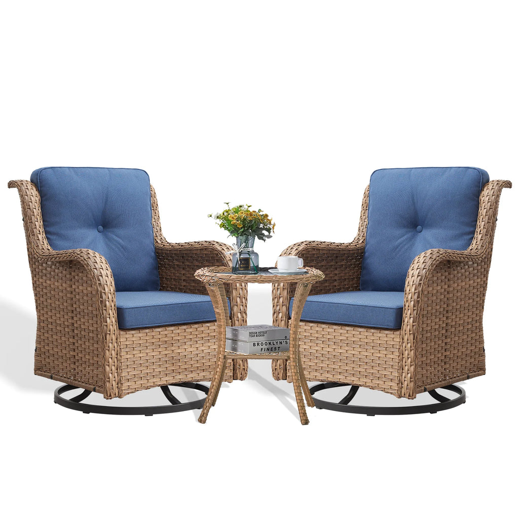 POCASSY 3 Piece Patio Set Outdoor Wicker Glider Rocking and Swivel Chairs with Cushions
