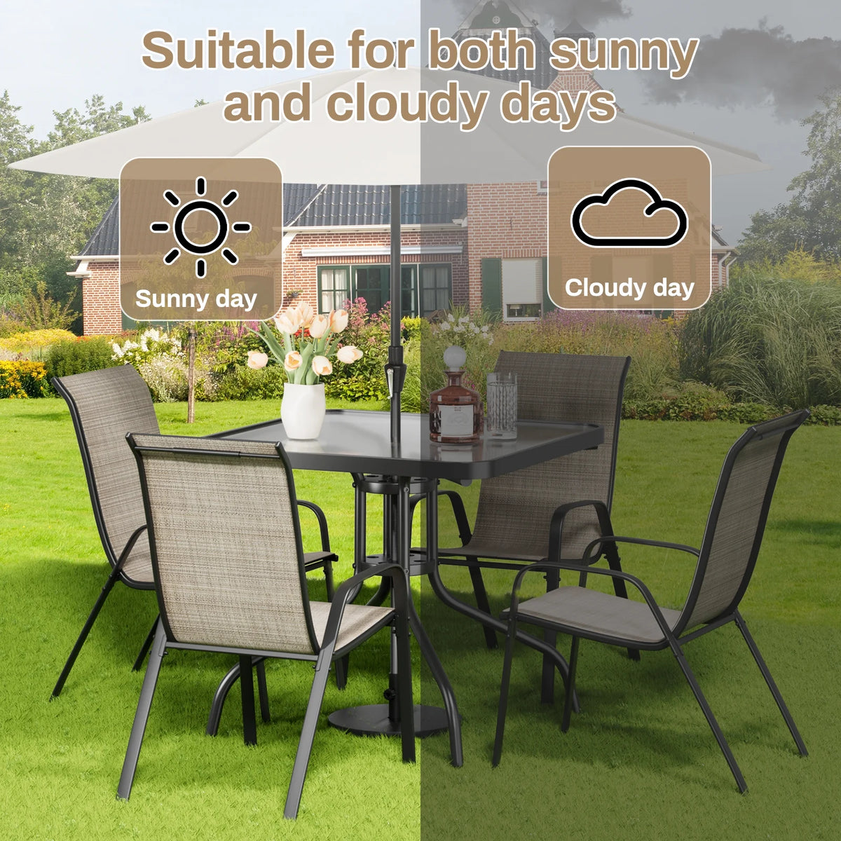 Pirecart 5-Piece Outdoor Patio Dining Table Set with 4 Stackable Textilene Chairs for for Patio, Lawn, Garden, Gray