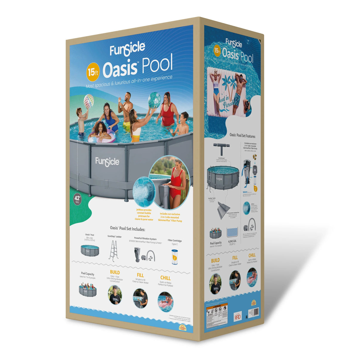 Funsicle 15ft Oasis Round Above Ground Metal Frame Swimming Pool, Includes SkimmerPlus Pump, Age 6 & up