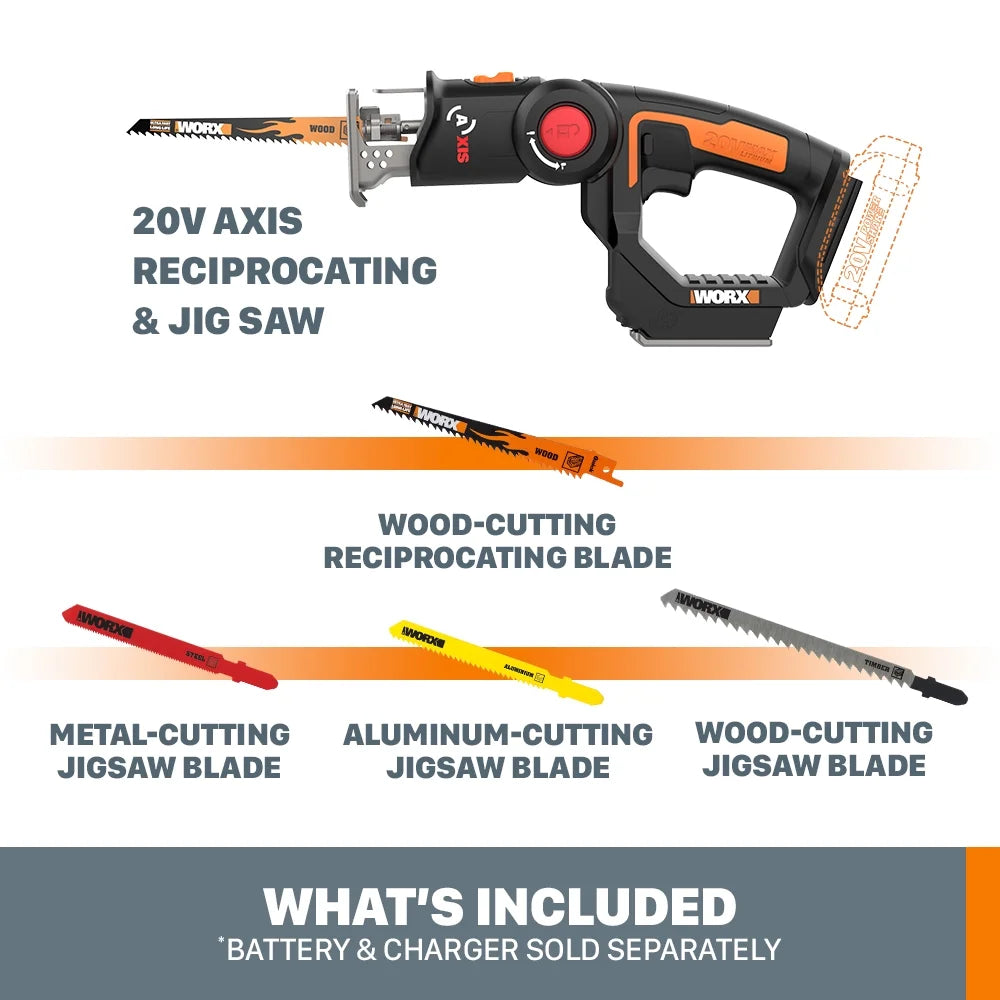 Worx WX550L.9 20V Power Share Axis Cordless Reciprocating & Jig Saw (Tool Only)