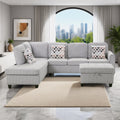 AENKYO 95�� L-Shaped Corduroy Modular Sectional Sofa with Ottoman & Cup Holders �C Living Room Couch for Apartments��Light Gray