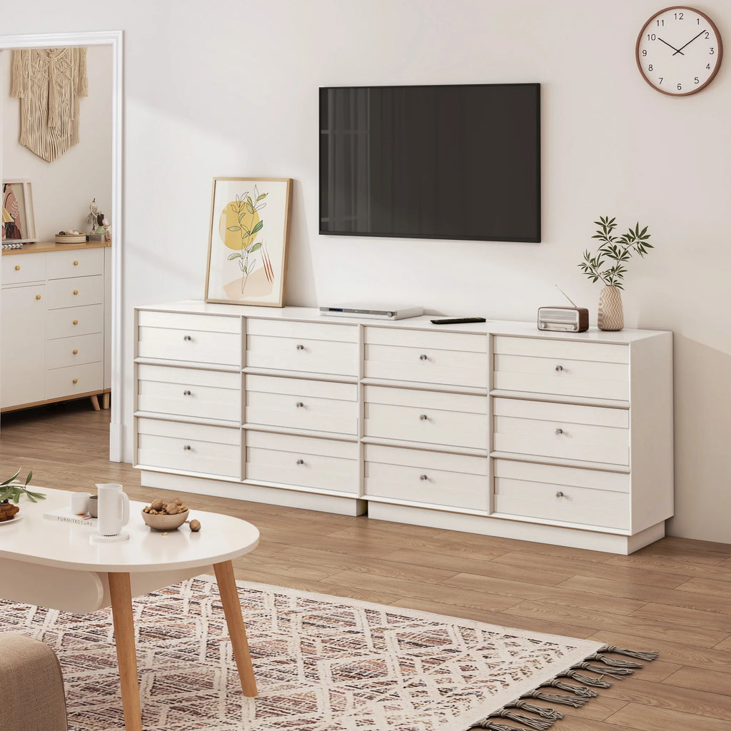 May Color Large White 3 Drawer Dresser Set of 2 with Fluted Panel, Modern Chest of Drawers with Silent Slide Drawers, Wood Accent Nightstand with Storage for Bedroom Living Room, Hallway