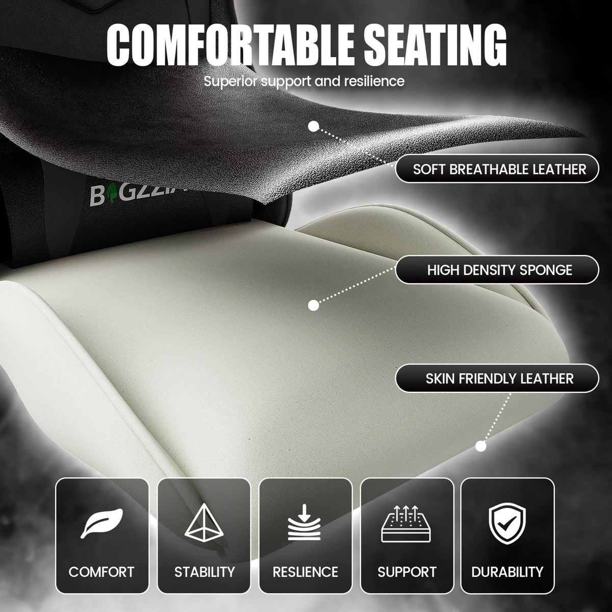 Bigzzia Gaming Chair Office Chair, Ergonomic Game Chair with Height Adjustable Headrest and Lumbar Support for Adults Teens, Black & White