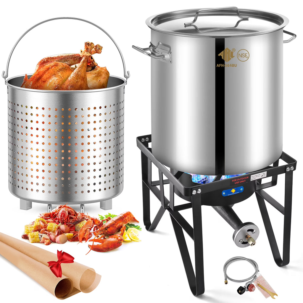 64QT Stainless Steel Seafood Boil Pot with 200,000BTU Single Burner Propane Stove, Heavy Duty Propane Burner For Outdoor Cooking Turkey Fryer, Crawfish Boil, Homebrewing