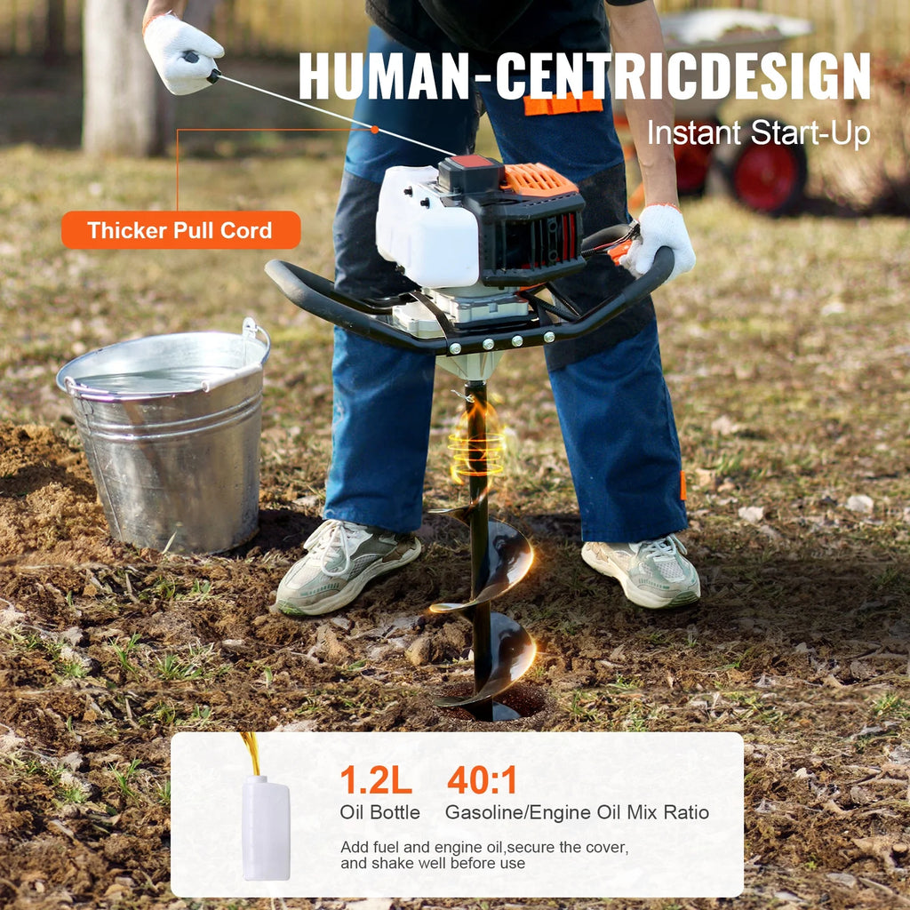 KFFKFF Gas Earth Auger, 52CC 1450W, includes 8�� Drill Bit & Extension Rod, Ideal for Garden, Farmland Fence Installation, Orange & Black
