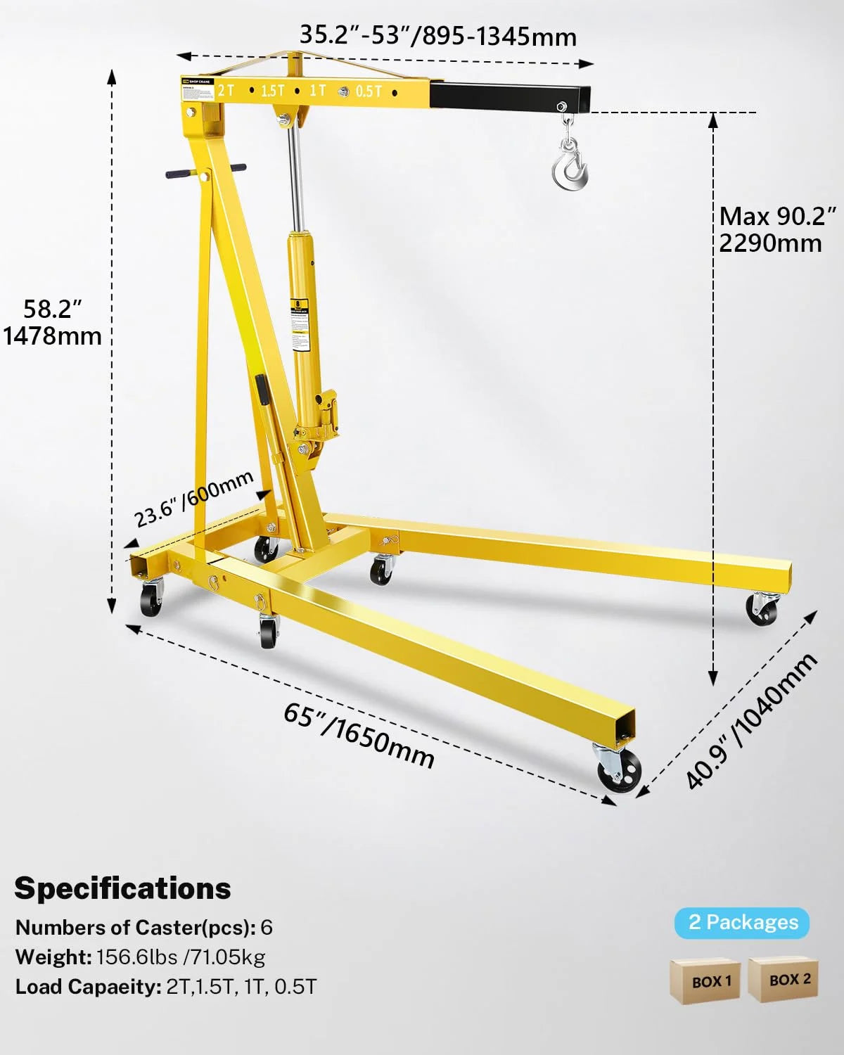 Garvee 2-Ton Shop Crane with Lever, Hydraulic Folding Engine Hoist w/6 Steel Casters - Lift Car Transmissions, Boat Motors, Farm Equipment