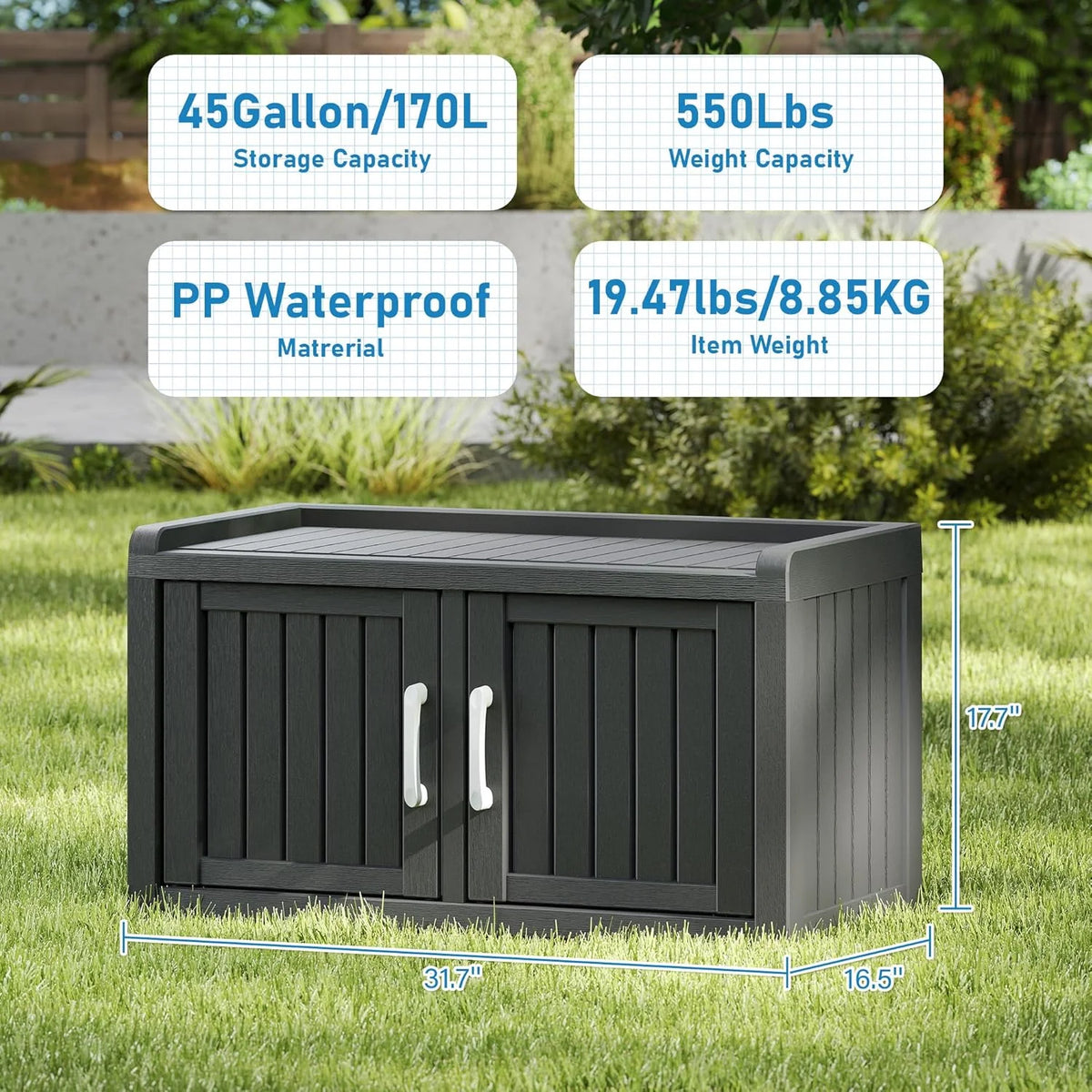 KAMABOKO Outdoor Shoe Storage Cabinet, Waterproof UV-Resistant Entryway Storage Bench Indoor Outdoor with 2 Barn Doors, Adjustable Shelves for Entryway, Bedroom, Hallway,Living Room(Black)