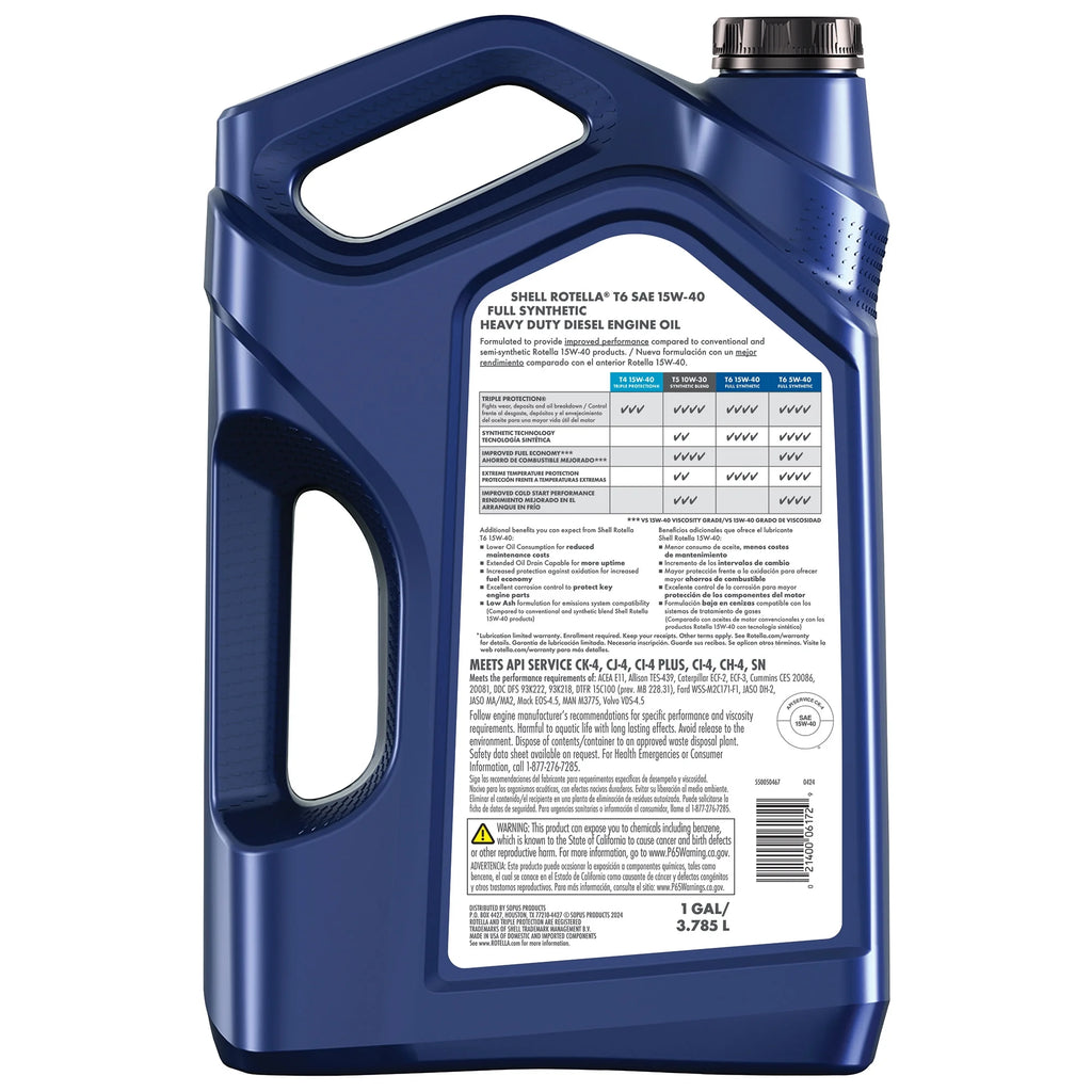 (3 pack) Shell Rotella T6 Full Synthetic 15W-40 Motor Oil, 1 Gallon (3 Pack)