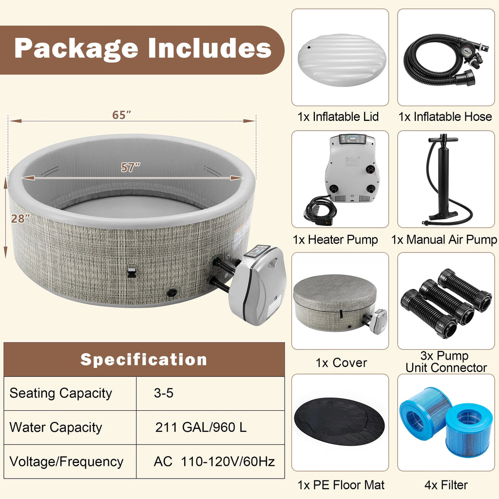 Round Hot Tub Surround Furniture, Spa Surround Outdoor Rattan Sectional Sofa Set with Mini Sofa, Solid Acacia Wood Hot Tub Storage Surround Patio Furniture Set, Gray Cushion