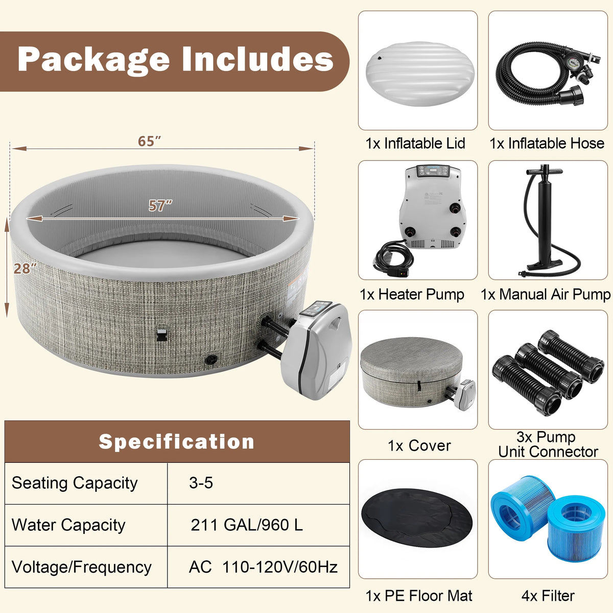 Round Hot Tub Surround Furniture, Spa Surround Outdoor Rattan Sectional Sofa Set with Mini Sofa, Solid Acacia Wood Hot Tub Storage Surround Patio Furniture Set, Gray Cushion
