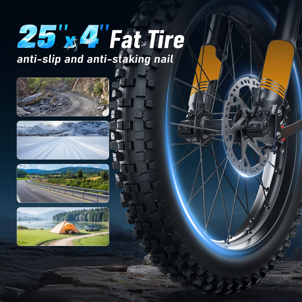 Arkveld Electric Bike for Adults, Peak-3000W, Max 40MPH and 80Miles Electric Motorcycle,25" Fat Tire Dirt Bike, APEX1 7-Speed E-Bike，White