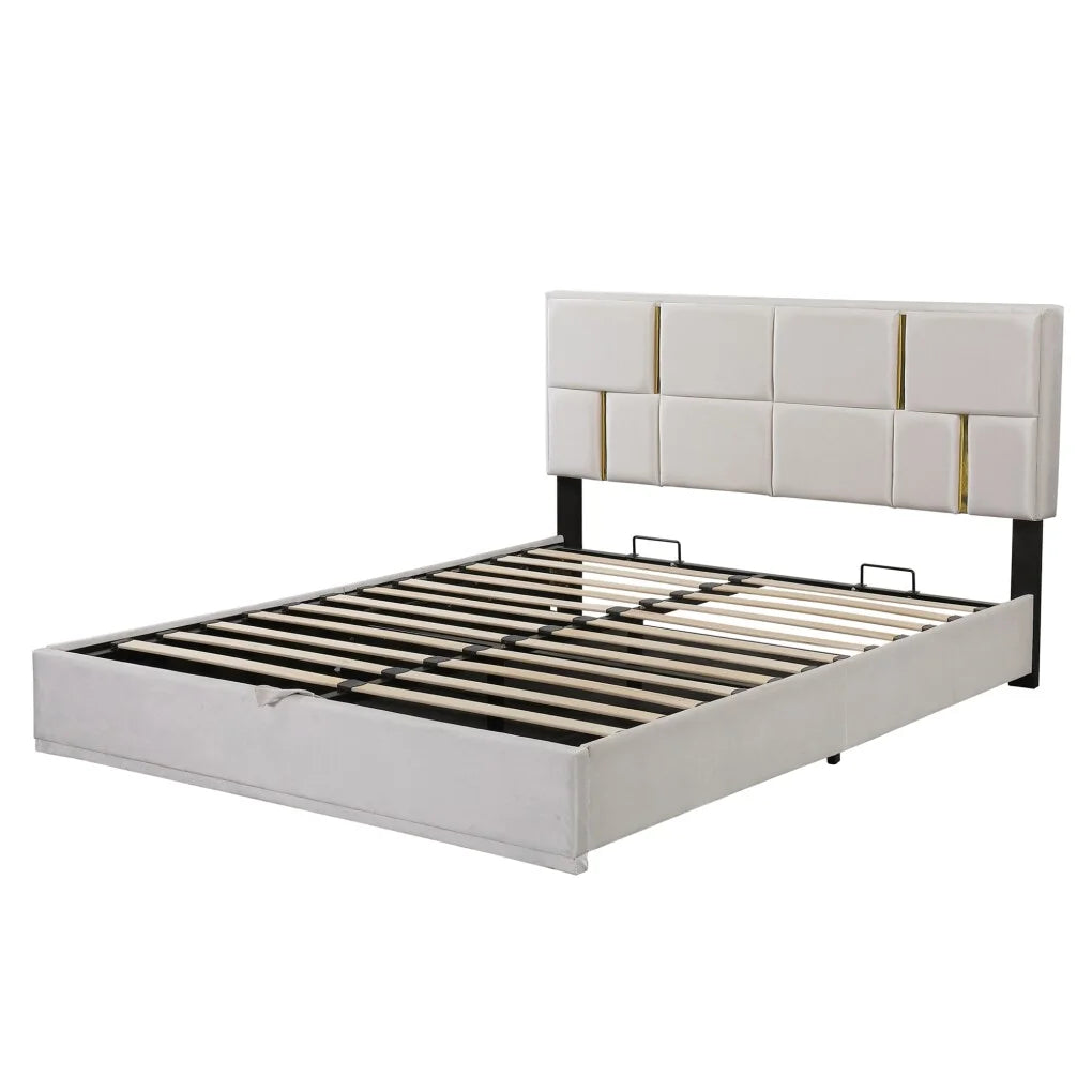 2-Pieces Bedroom Sets, Queen Size Upholstered Platform Bed with Hydraulic Storage System,Storage Ottoman with Metal Legs, 2 Piece Wood Bedroom Furniture Set, Beige