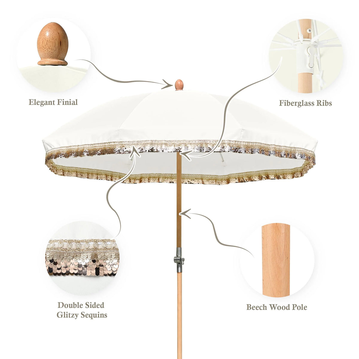 LAGarden 6 Ft Fringe Patio Umbrella with Tassel Jazz Age Wood UPF50+ for Outdoor, Beige with gold tassel,Model: JZ6-01