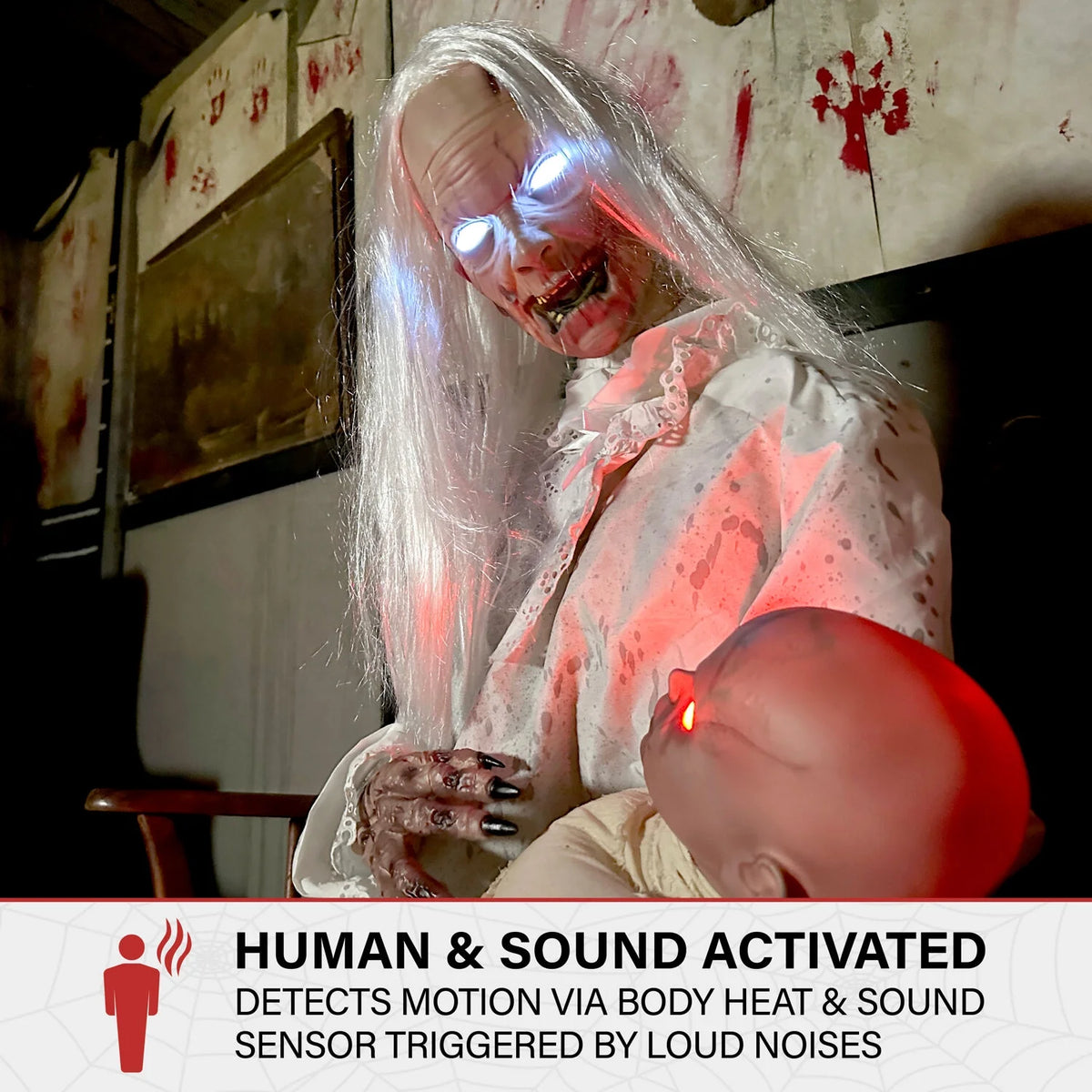 Haunted Hill Farm 2.9 ft Animatronic Gravely Granny by Tekky Halloween Decoration with Motion-Activated Sounds, HHGRVLYGRNY-1FLSA