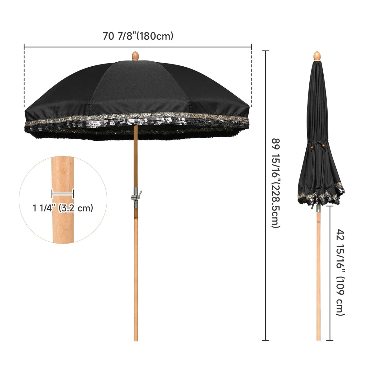 LAGarden 6 Ft Fringe Patio Umbrella with Tassel Jazz Age Wood UPF50+ for Outdoor, Beige with gold tassel,Model: JZ6-01