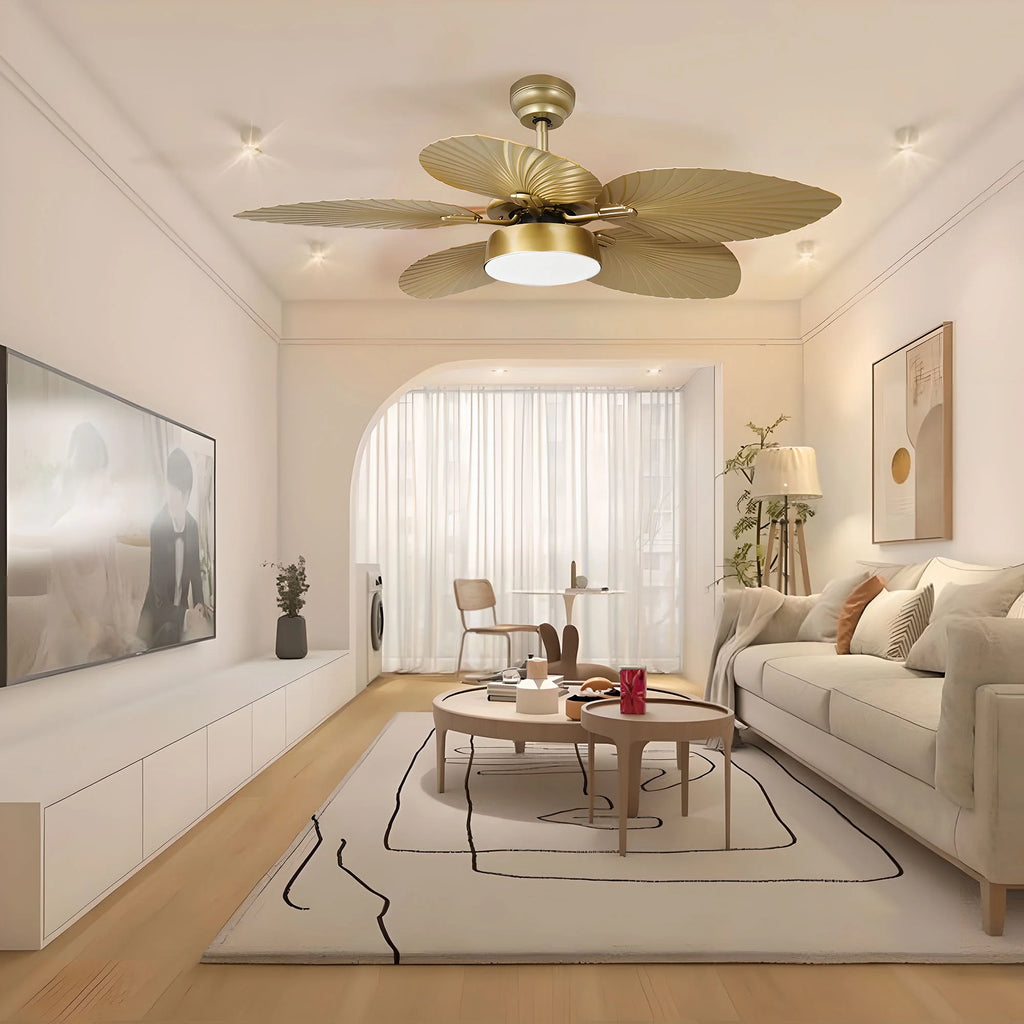ModFusion 52" Gold Tropical Ceiling Fan with LED Light & Remote �C Palm Leaf Blades, Quiet Reversible DC Motor Indoor/Outdoor
