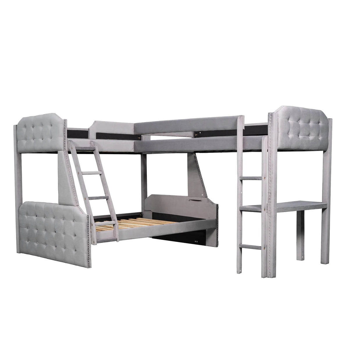 EUROCO Upholstery L-Shaped Twin over Full Bunk Bed and Twin Loft Bed with Desk for Kids Bedroom, Gray