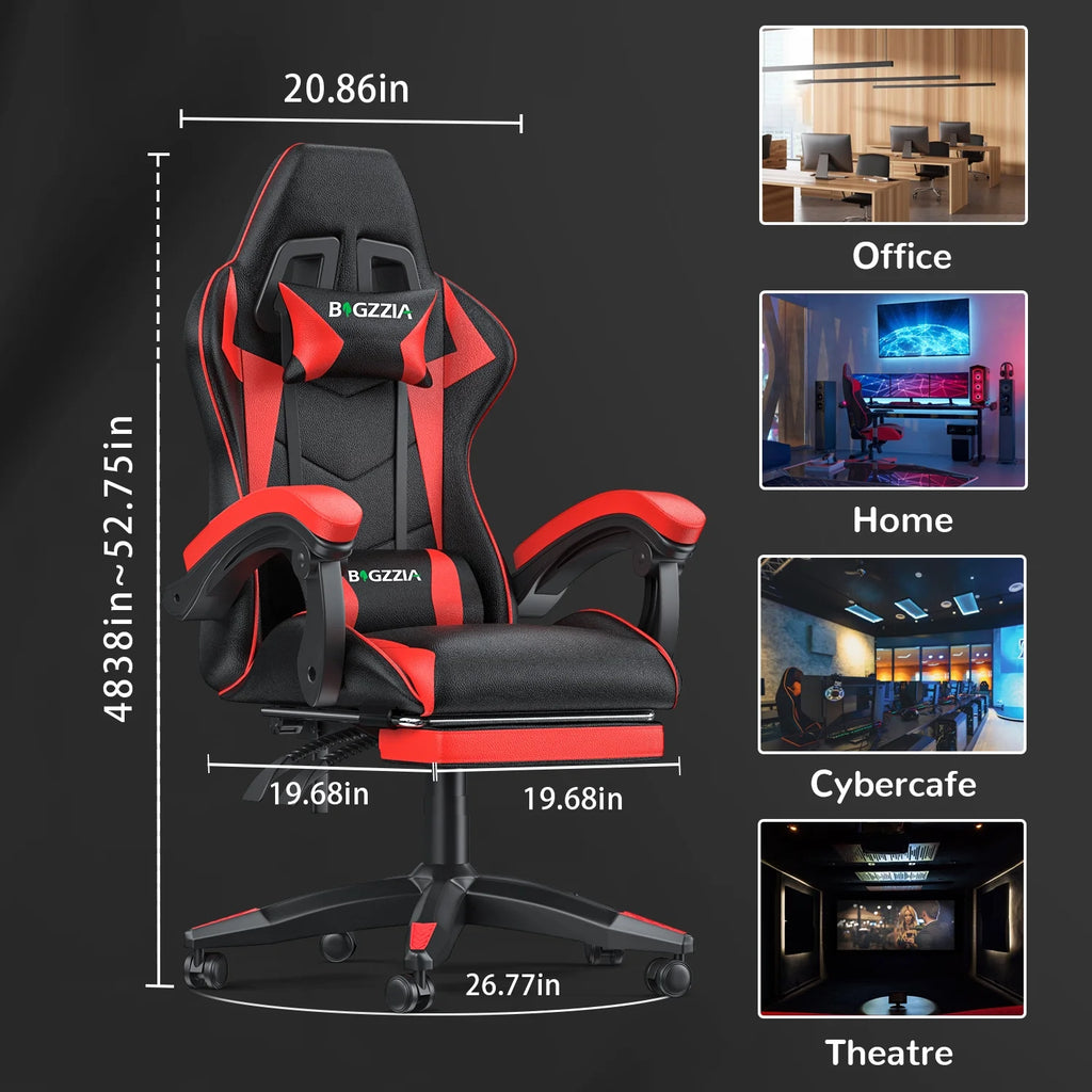Bigzzia Gaming Chair Office Chair, Ergonomic Game Chair with Height Adjustable Headrest and Lumbar Support for Adults Teens, Black & White