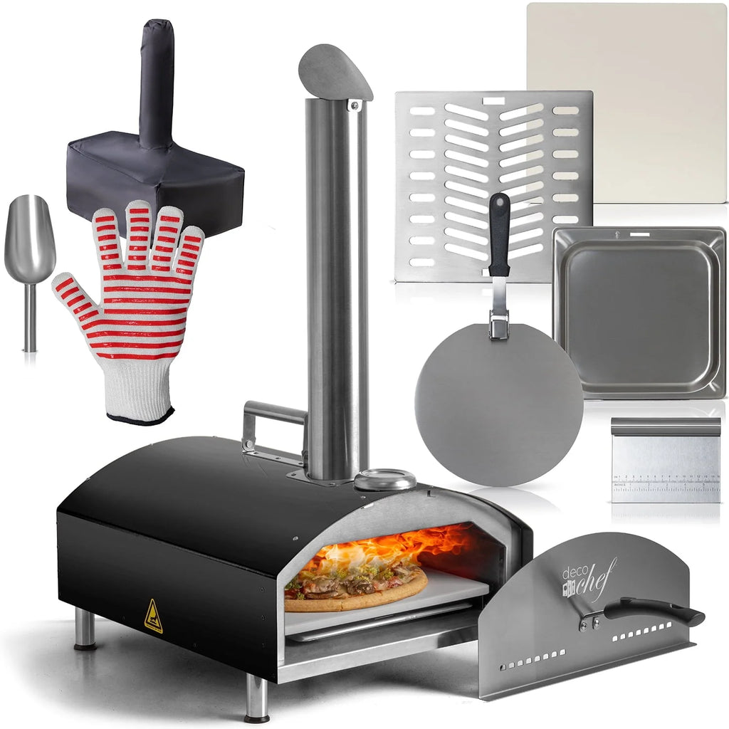 Deco Chef Outdoor Pizza Oven with 2-in-1 Pizza and Grill Oven Functionality, 13" Pizza Stone, Portable Stainless Steel Construction, Pizza Peel, Dough Scraper, Scoop, Slotted Grill (Black)