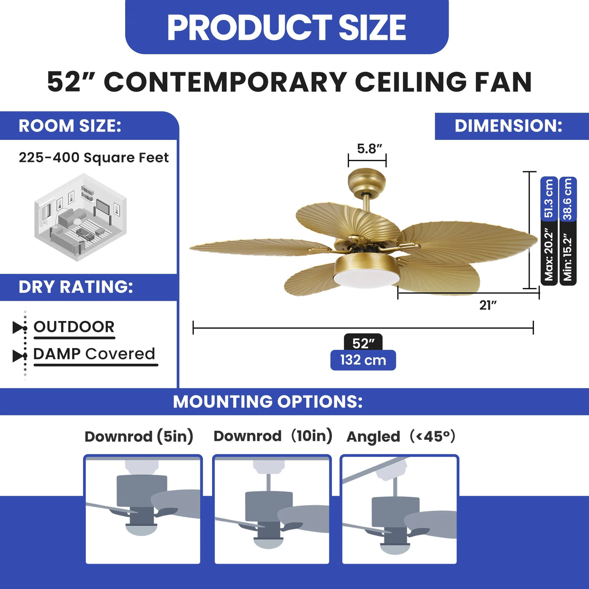 ModFusion 52" Gold Tropical Ceiling Fan with LED Light & Remote �C Palm Leaf Blades, Quiet Reversible DC Motor Indoor/Outdoor