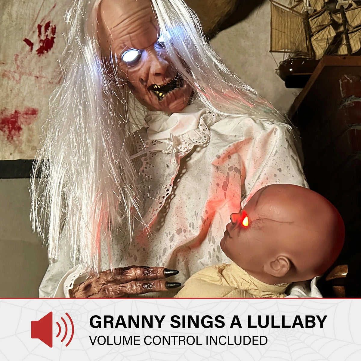 Haunted Hill Farm 2.9 ft Animatronic Gravely Granny by Tekky Halloween Decoration with Motion-Activated Sounds, HHGRVLYGRNY-1FLSA