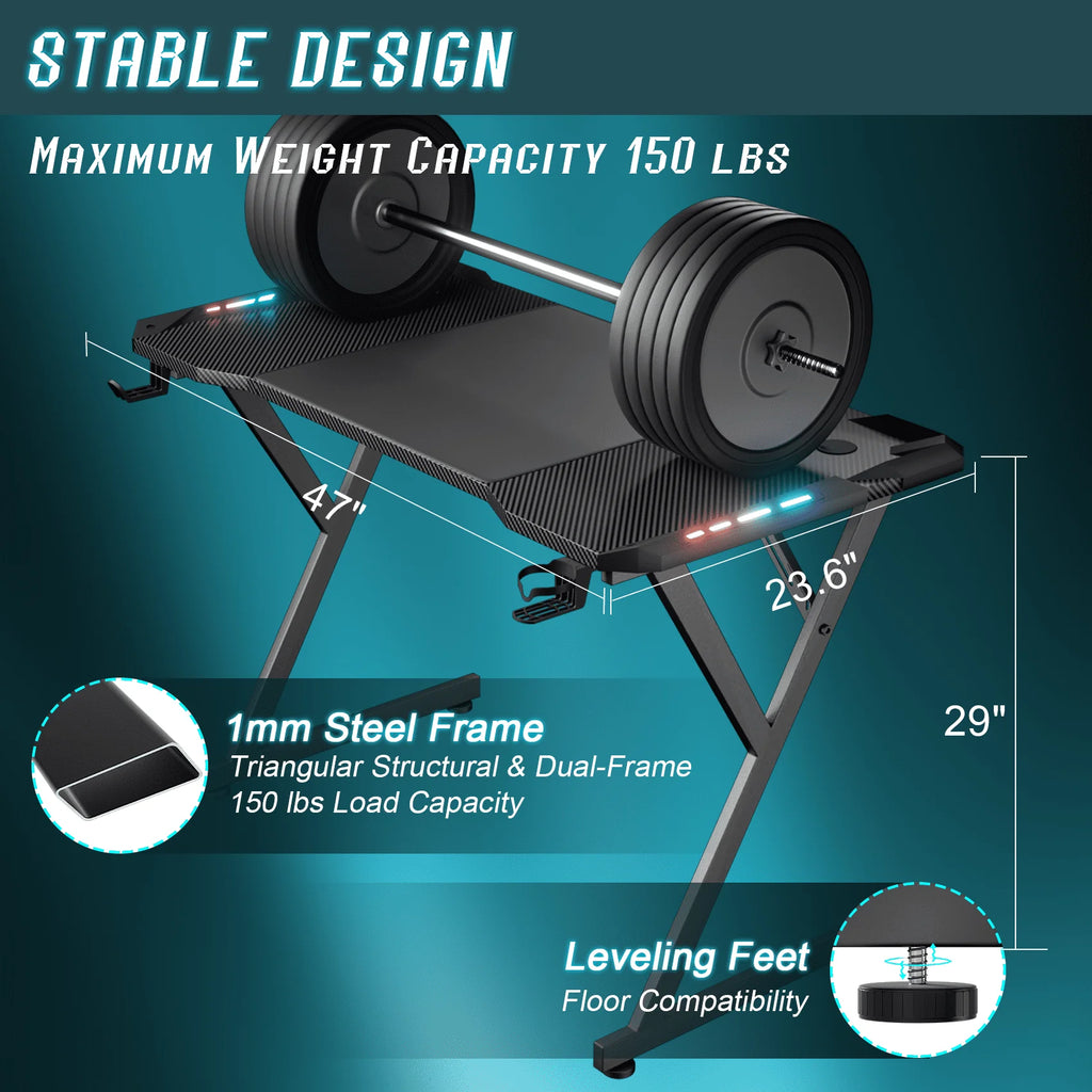 HLDIRECT 47 Inch Gaming Desk with LED Lights, Ergonomic Computer Gaming Table with Carbon Fibre Surface, Sturdy PC Workstation Desk for Gaming and Home Office with Headphone Hook, Cup Holder, Black