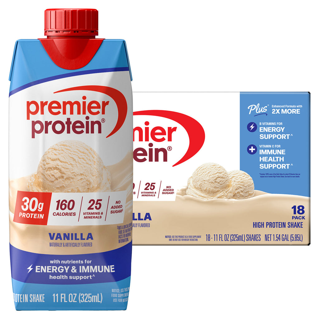 Premier 30g Protein PLUS Energy and Immune Support Shakes, Vanilla, 11 fl oz, 18-pack