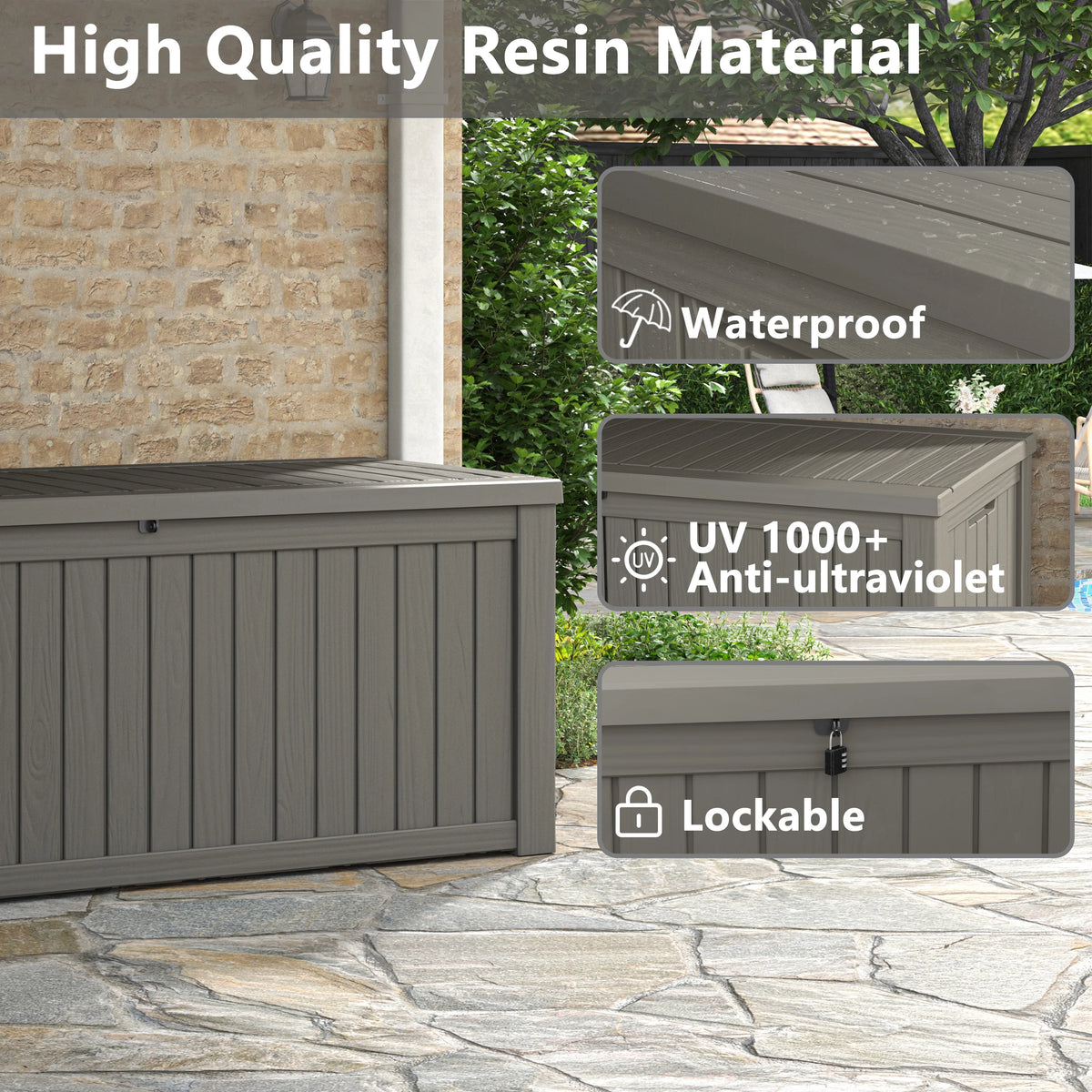 LHBcraft 150 Gallon Deck Box, Outdoor Storage Box, Large Waterproof Resin Indoor Storage Box with Built-in Steel Beams for Patio, Cushions, Pool Supplies
