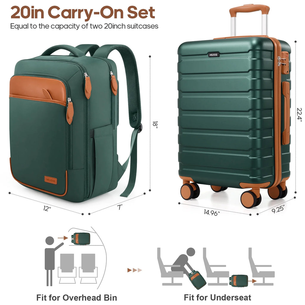 MIUSSE Carry on Luggage Set 3 Piece Hard Shell Luggage Sets with Spinner Wheels TSA Lock Carry on with Backpack Set