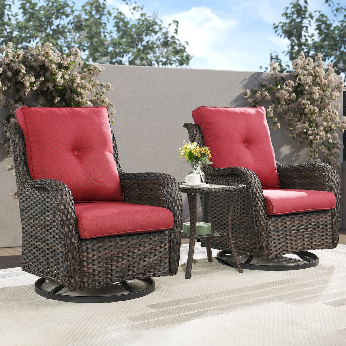 POCASSY 3 Piece Patio Set Outdoor Wicker Glider Rocking and Swivel Chairs with Cushions
