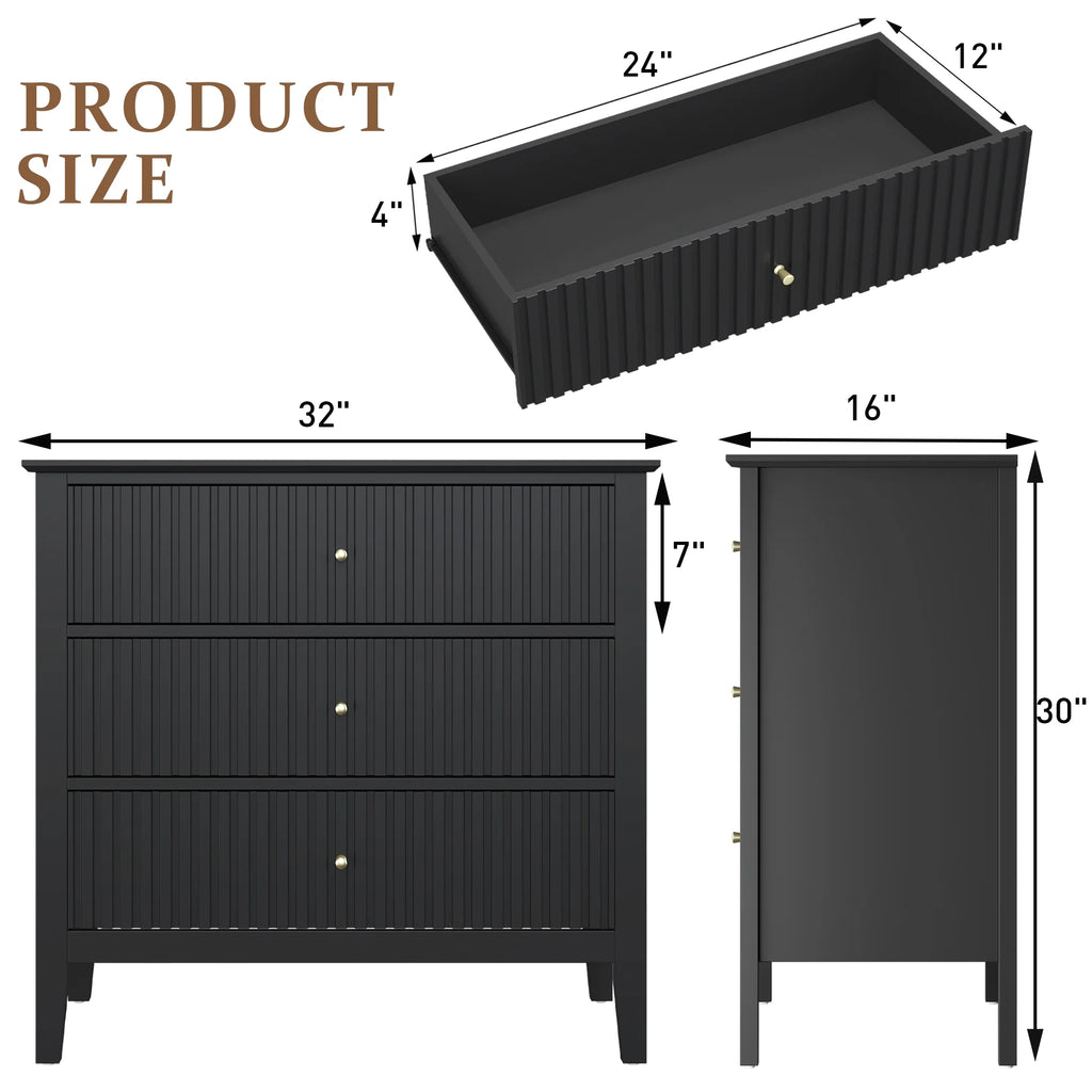 May Color Large White 3 Drawer Dresser Set of 2 with Fluted Panel, Modern Chest of Drawers with Silent Slide Drawers, Wood Accent Nightstand with Storage for Bedroom Living Room, Hallway
