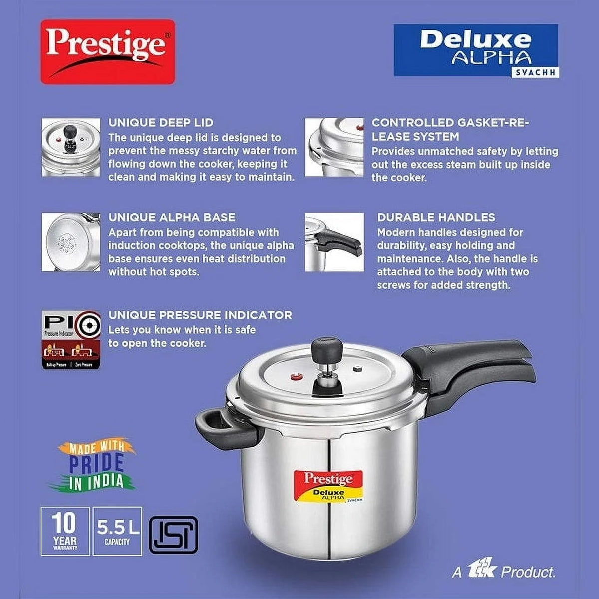 Prestige Deluxe Alpha Svachh 5.5L Stainless Steel Pressure Cooker