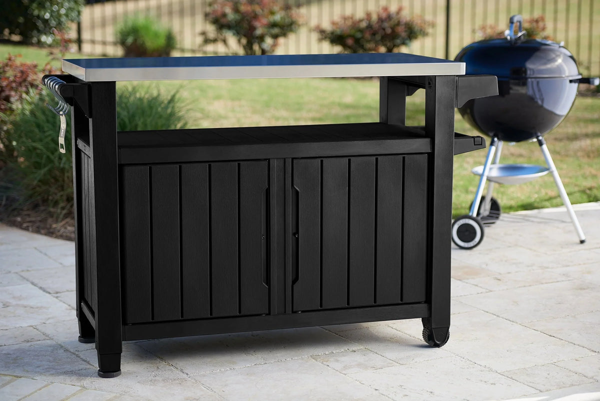 Keter Unity XL Resin Serving Station, All-Weather Plastic and Metal Grill, Storage and Prep Table, Graphite