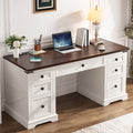 EnHomee Farmhouse Desk with Drawers, Wood Home Office Desk with Charging Station, Antique White