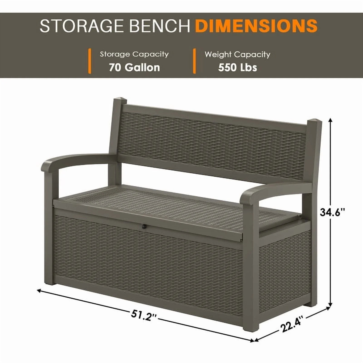 Bifanuo 70 Gallon Storage Bench Deck Box for Patio Furniture with Armrest Bench Outdoor Storage Water-Resistant Deck Box for Garden Tools,Pool Storage and Outdoor Cushions,Grey