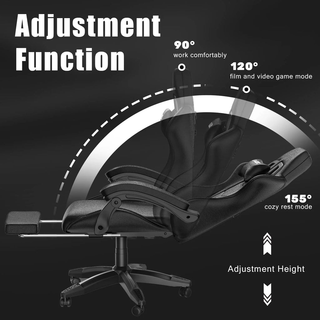 Bigzzia Gaming Chair Office Chair, Ergonomic Game Chair with Height Adjustable Headrest and Lumbar Support for Adults Teens, Black & White