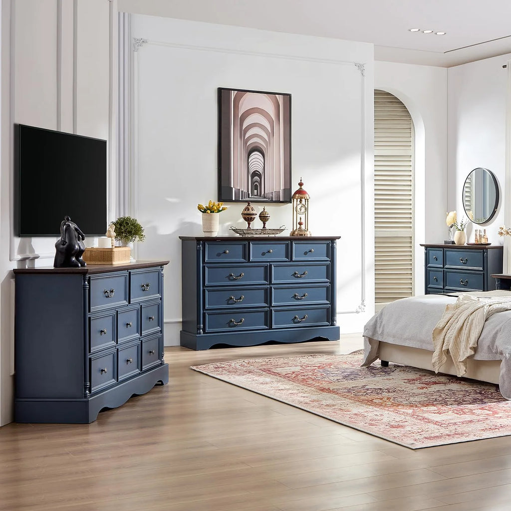 ZBOM 9 Drawer Dresser, 54 Inch Wide Farmhouse Style Chest of Drawers with Charging Station, Distressed Finish Design, Modern Storage Dresser Organizer TV Stand for Bedroom, Living Room