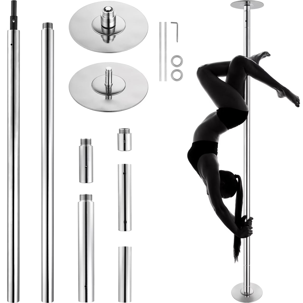KFFKFF Expert Dance Pole, Rotating and Stationary Dance Pole Set, Detachable Portable Pole, 45mm Robust Stainless Steel Pole, Fitness Pole with Adjustable Height, Suitable for Workout Home, Silver