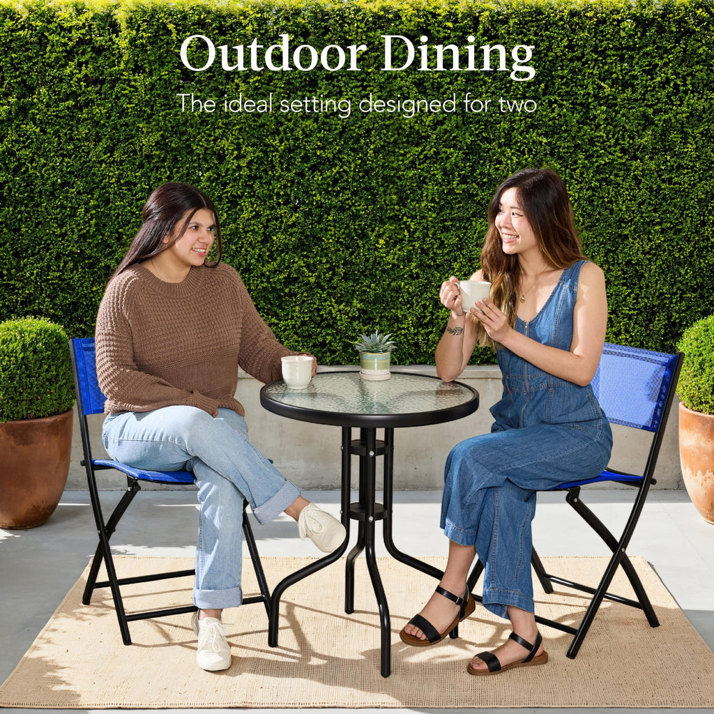 Best Choice Products 3-Piece Patio Bistro Dining Furniture Set w/ Glass Tabletop, Folding Chairs - Gray