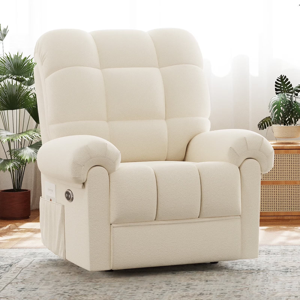 Power Recliner Chair,Electric Recline Sofa Chair for Adults with USB Port,Comfy Teddy Fleece Adjustable Cloud Sofa,Tool-Free Setup,Beige White