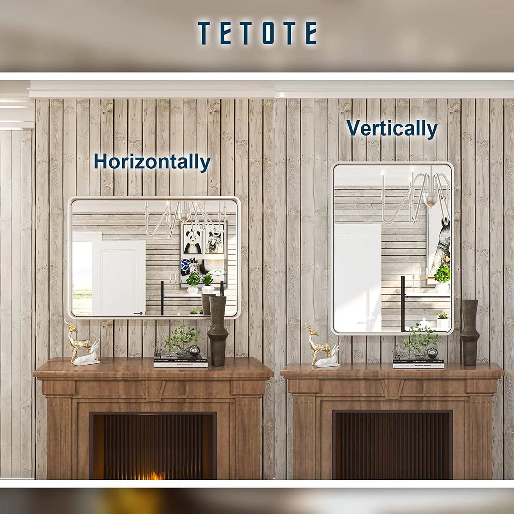Tetote Silver Bathroom Mirror, 24 x 36 inch Wall Mounted Rectangle Brushed Nickel Metal Framed Modern Vanity Mirror (Horizontal/Vertical)