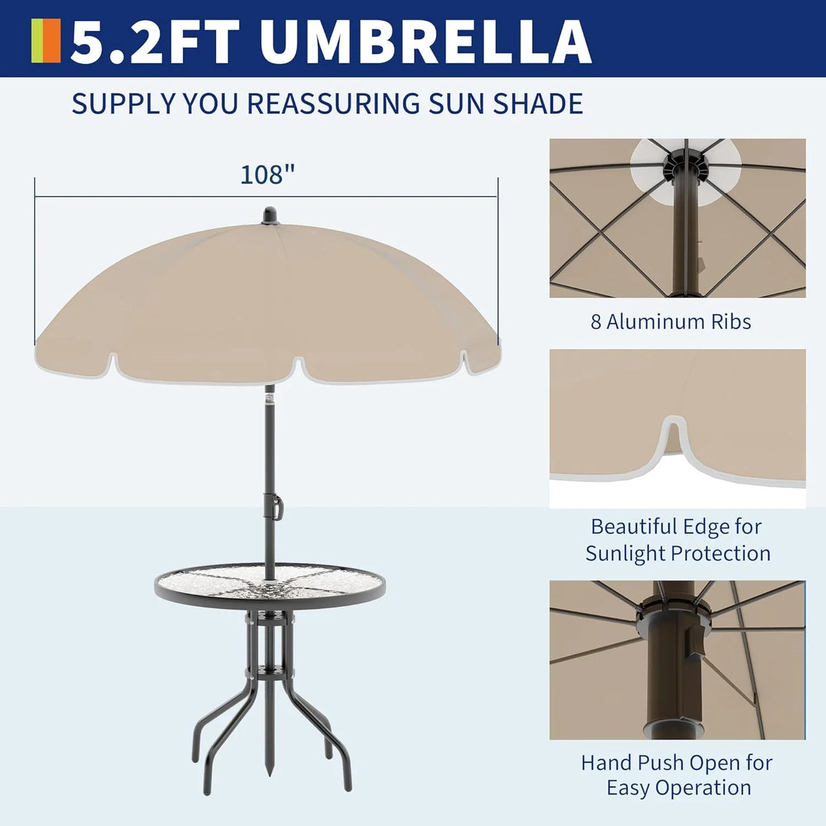 6 Pieces Outdoor Dining Set With Umbrella, Patio Table and 4 Folding Chairs With Umbrella, Garden Patio Furniture Set With Umbrellas, Tempered Glass Top Dining Table