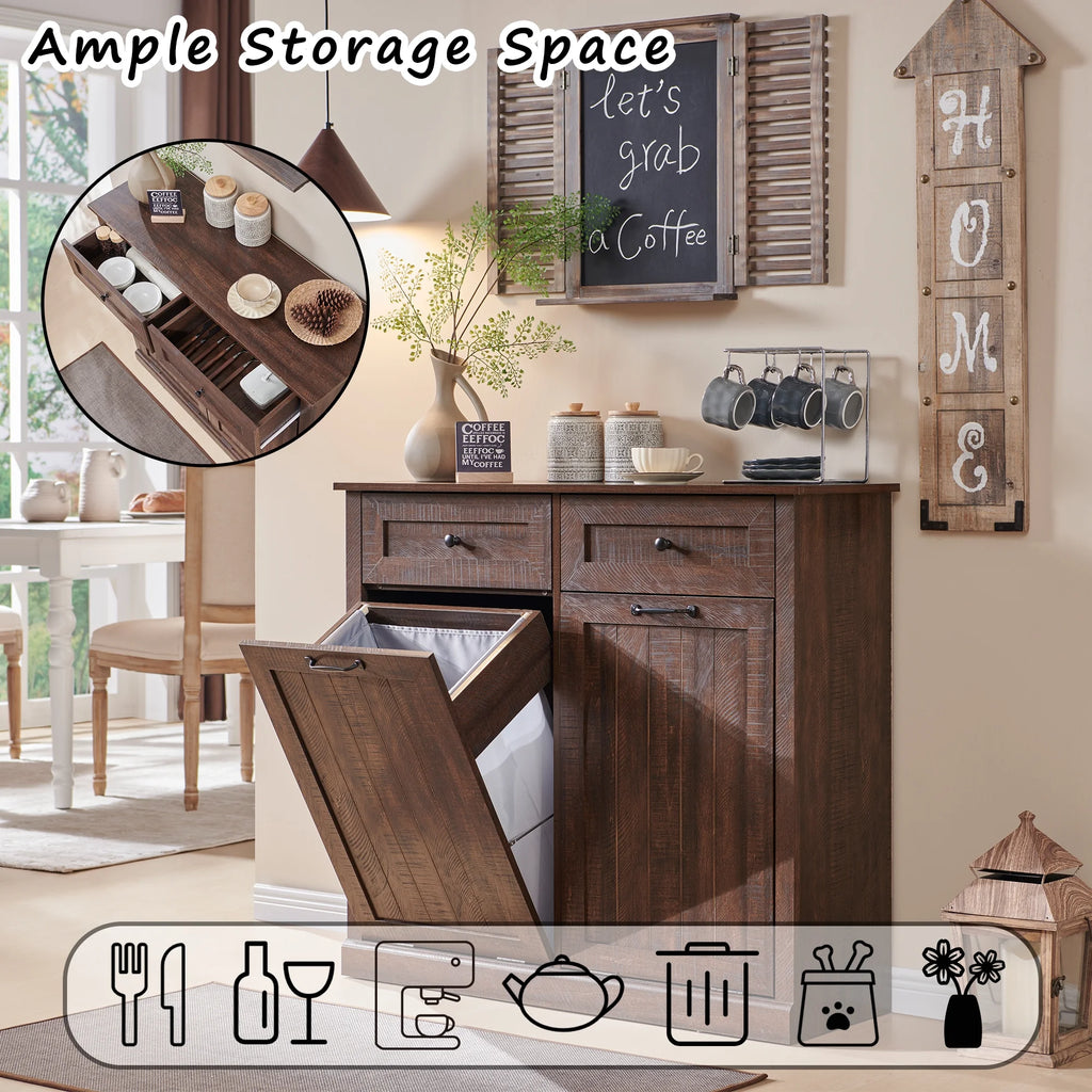 SinCiDo Kitchen Double Tilt Out Trash Can Cabinet, 20 Gallon Farmhouse Wooden Trash Garbage Can with Drawer