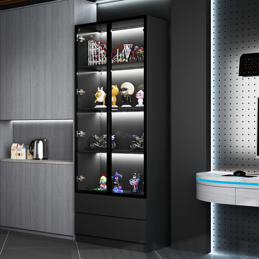 KULAGAGA Bookcases Organizer with LED Lights, Heavy Duty Display Cabinet with Glass Door for Living Room, 31.5" Wide