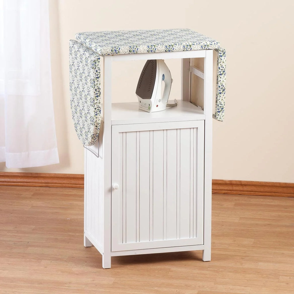 OakRidge Deluxe Ironing Board with Storage Cabinet, Perfect for Small Spaces with Extra Storage, Folding Station, Crafted with 100% Durable Wood, White Design �C Measures 36.5" H x 15.5" W x 23" L