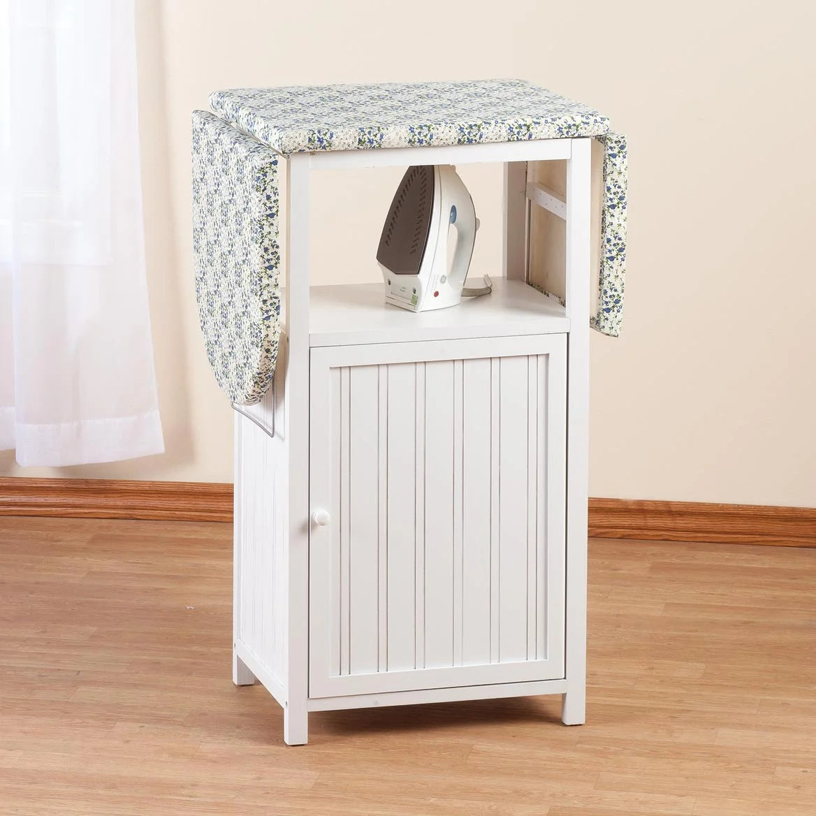 OakRidge Deluxe Ironing Board with Storage Cabinet, Perfect for Small Spaces with Extra Storage, Folding Station, Crafted with 100% Durable Wood, White Design �C Measures 36.5" H x 15.5" W x 23" L