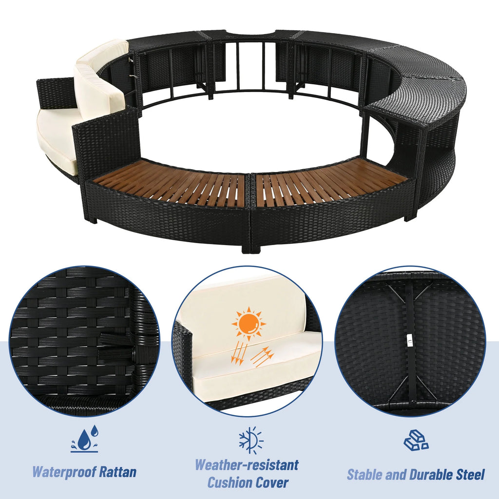 Round Hot Tub Surround Furniture, Spa Surround Outdoor Rattan Sectional Sofa Set with Mini Sofa, Solid Acacia Wood Hot Tub Storage Surround Patio Furniture Set, Gray Cushion