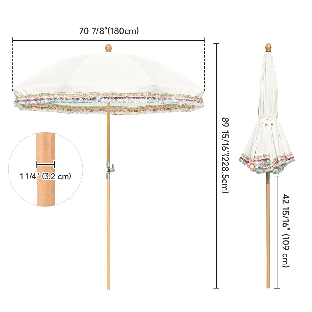 LAGarden 6 Ft Fringe Patio Umbrella with Tassel Jazz Age Wood UPF50+ for Outdoor, Beige with gold tassel,Model: JZ6-01
