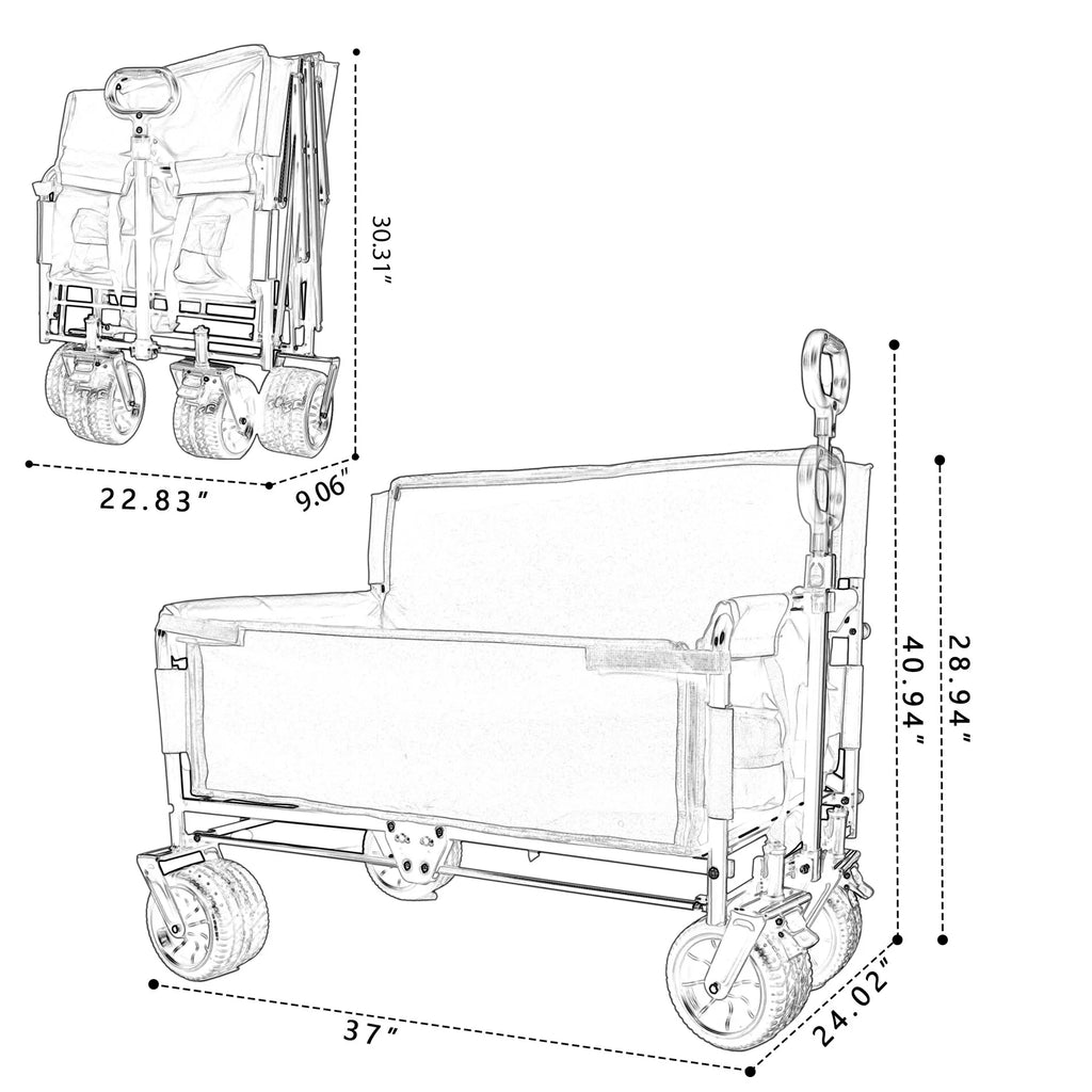 3-in-1 Collapsible Wagon Cart with Bench Seat, 500lbs Convertible Heavy Duty Utility Wagon with Flexible Handle, All-Terrain Folding Grocery Cart with Wheels for Shopping, Camping, Orange