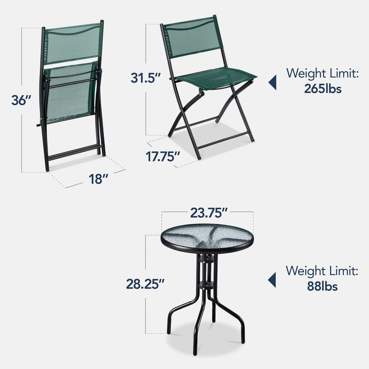 Best Choice Products 3-Piece Patio Bistro Dining Furniture Set w/ Glass Tabletop, Folding Chairs - Gray